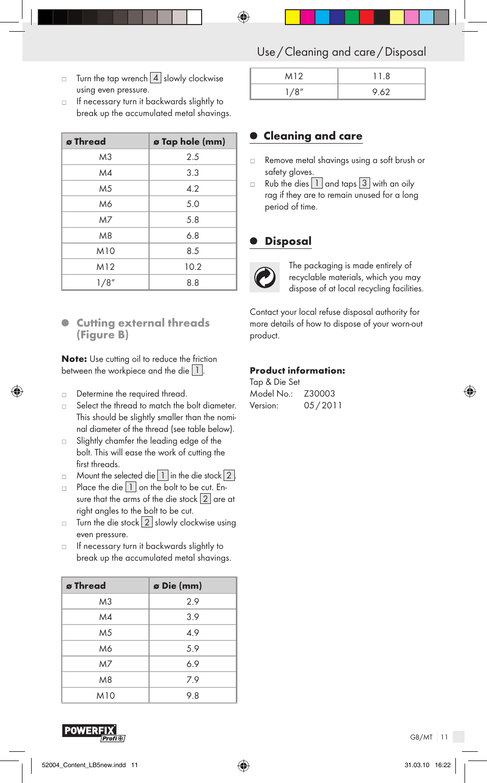 Use / cleaning and care / disposal, Cutting external threads (figure b), Cleaning and care | Disposal | Powerfix Z30003 User Manual | Page 9 / 11