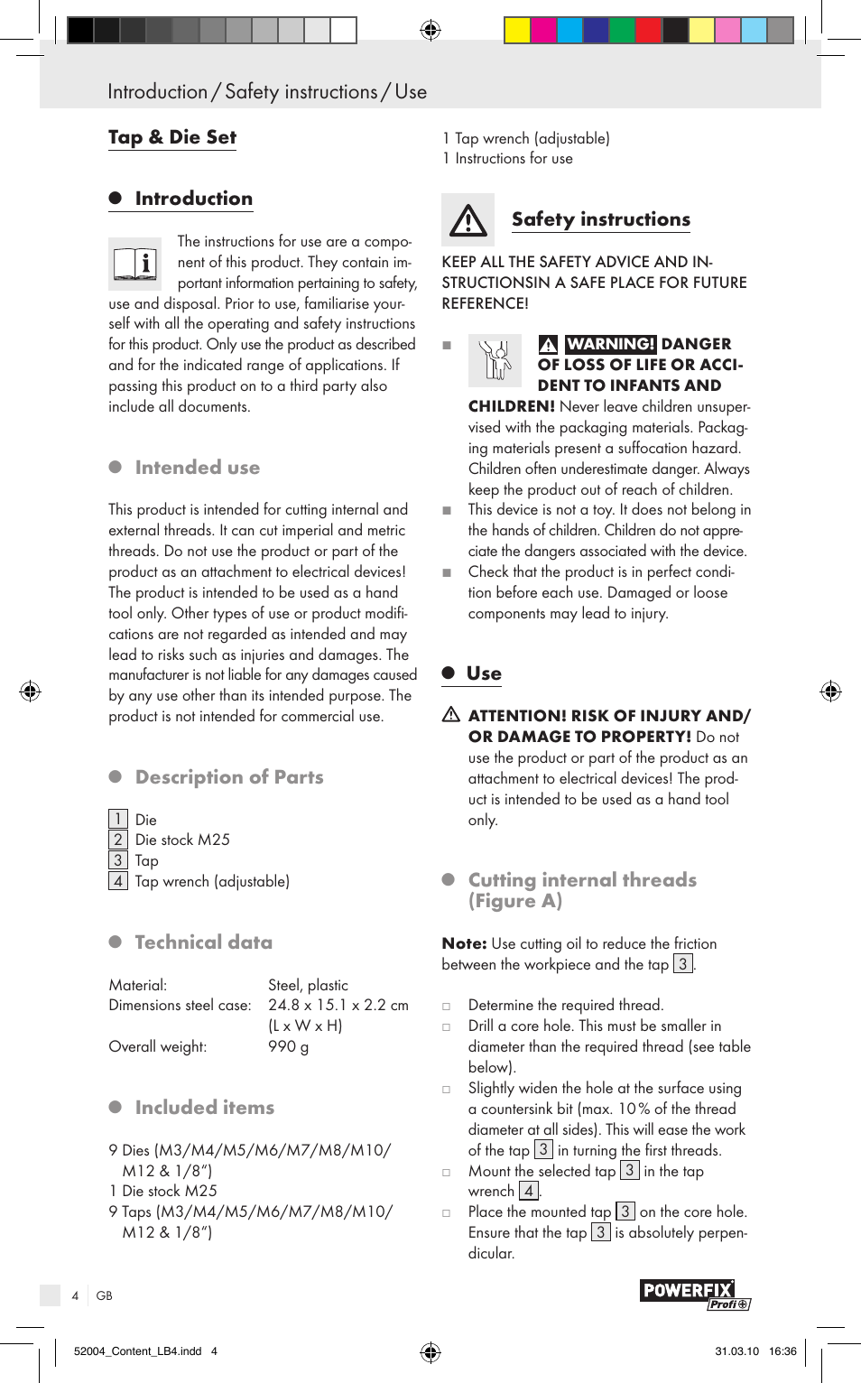 Introduction / safety instructions / use, Tap & die set, Introduction | Intended use, Description of parts, Technical data, Included items, Safety instructions, Cutting internal threads (figure a) | Powerfix Z30003 User Manual | Page 2 / 17