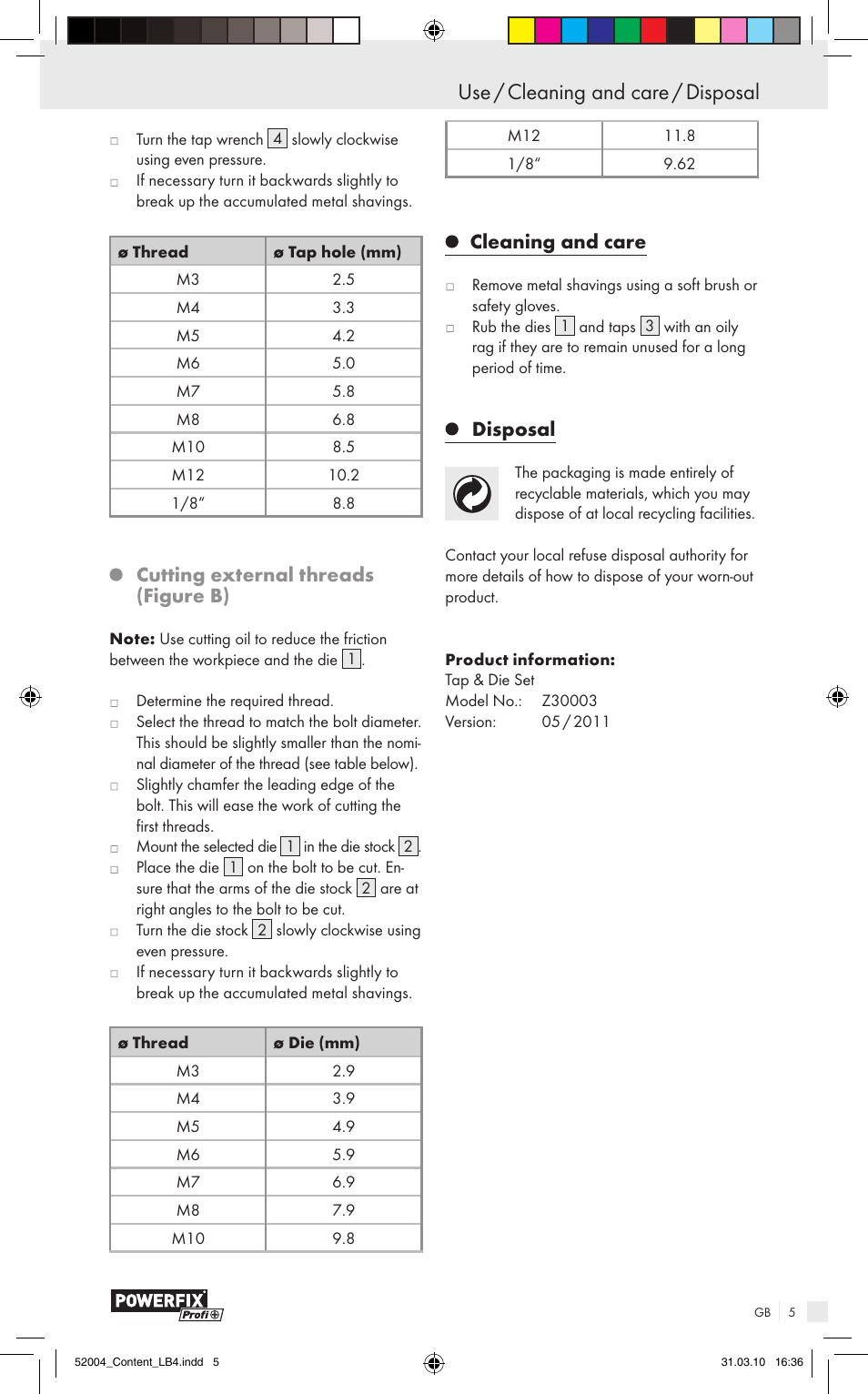 Use / cleaning and care / disposal, Cutting external threads (figure b), Cleaning and care | Disposal | Powerfix Z30003 User Manual | Page 3 / 17