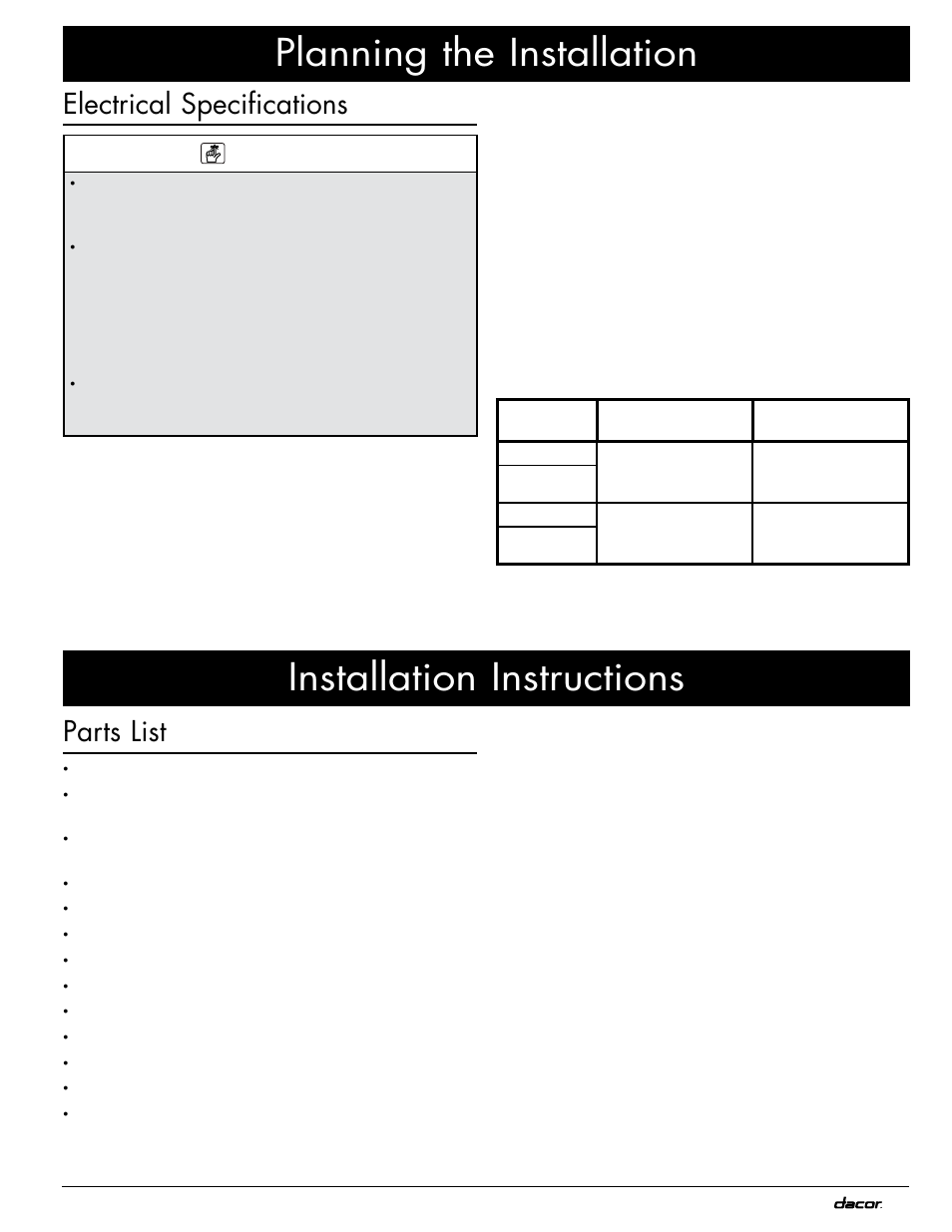 Planning the installation, Installation instructions, Electrical specifications | Parts list | Dacor MOV230 User Manual | Page 11 / 20