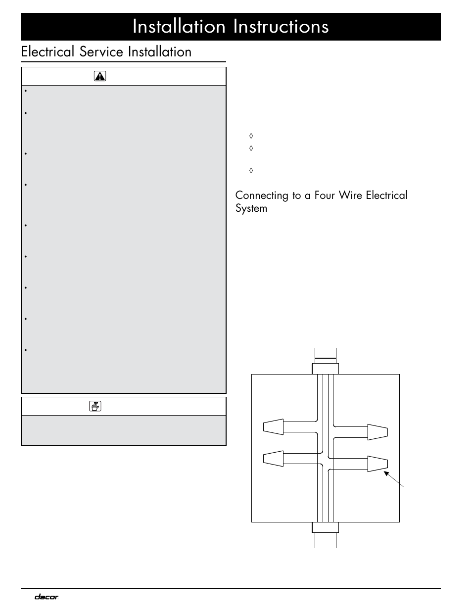 Installation instructions, Electrical service installation, Connecting to a four wire electrical system | Dacor MOV230 User Manual | Page 12 / 20