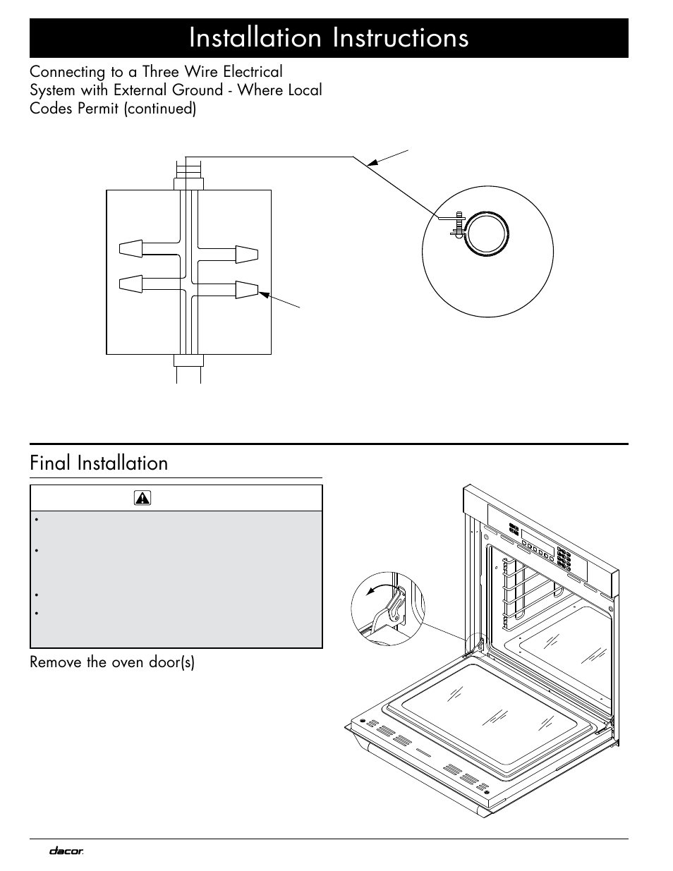 Installation instructions, Final installation, Remove the oven door(s) | Dacor MOV230 User Manual | Page 14 / 20