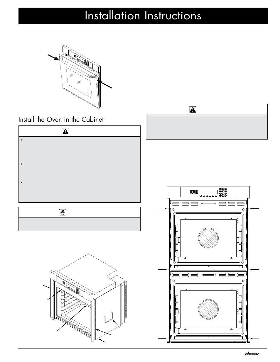 Installation instructions, Install the oven in the cabinet | Dacor MOV230 User Manual | Page 15 / 20