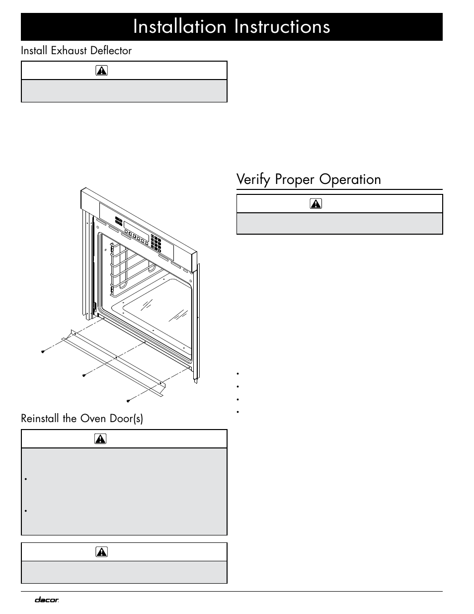 Installation instructions, Verify proper operation, Install exhaust deflector | Reinstall the oven door(s) | Dacor MOV230 User Manual | Page 16 / 20