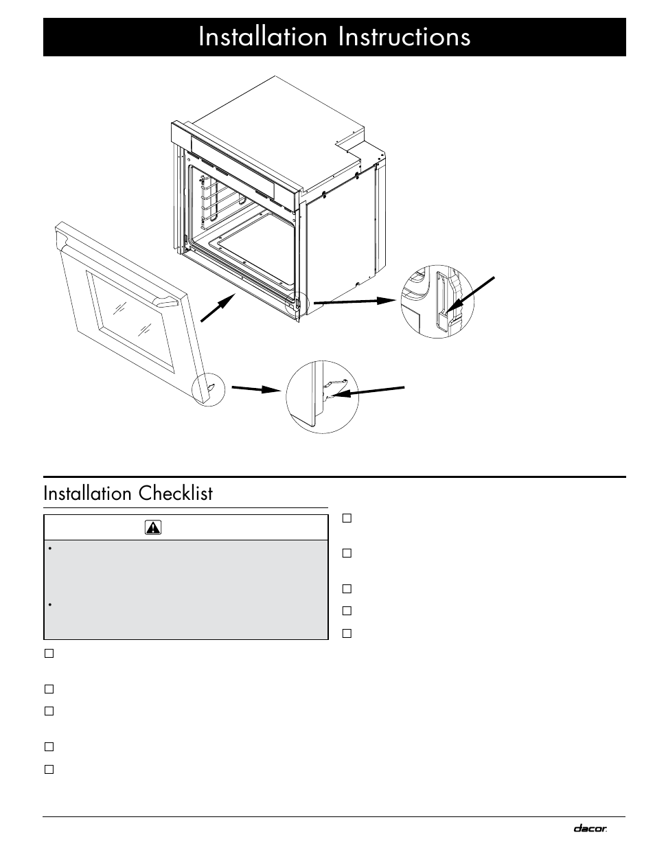 Installation instructions, Installation checklist | Dacor MOV230 User Manual | Page 17 / 20