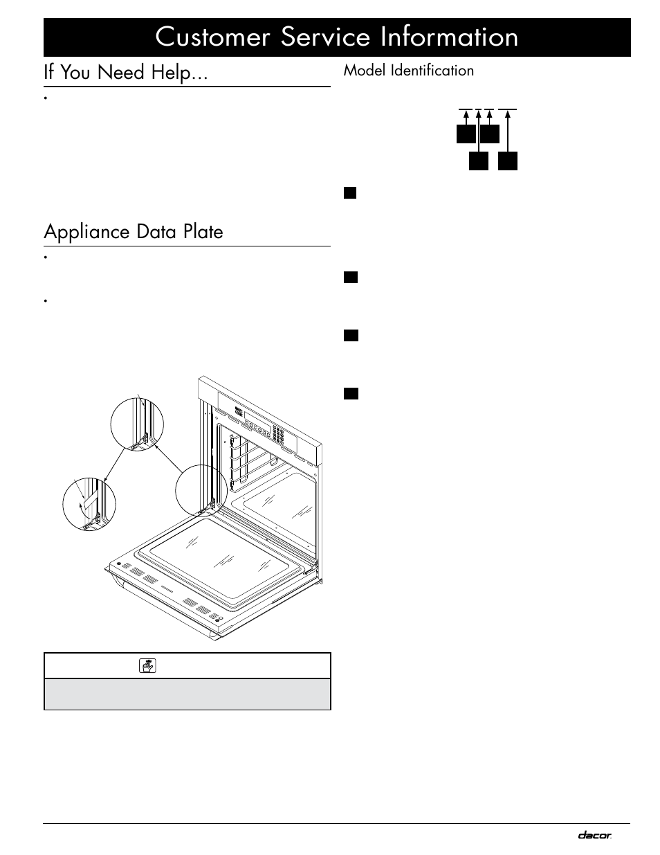 Customer service information, If you need help, Appliance data plate | Model identification | Dacor MOV230 User Manual | Page 5 / 20