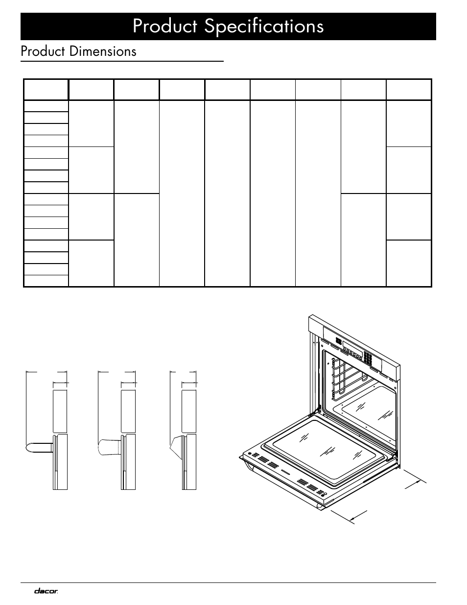 Product specifications, Product dimensions | Dacor MOV230 User Manual | Page 6 / 20