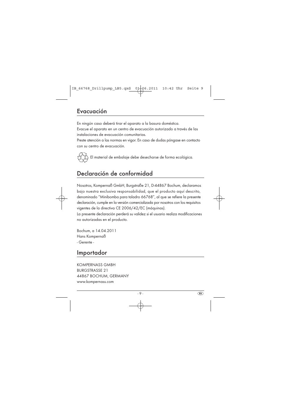 Evacuación, Declaración de conformidad, Importador | Powerfix DRILL PUMP User Manual | Page 11 / 52