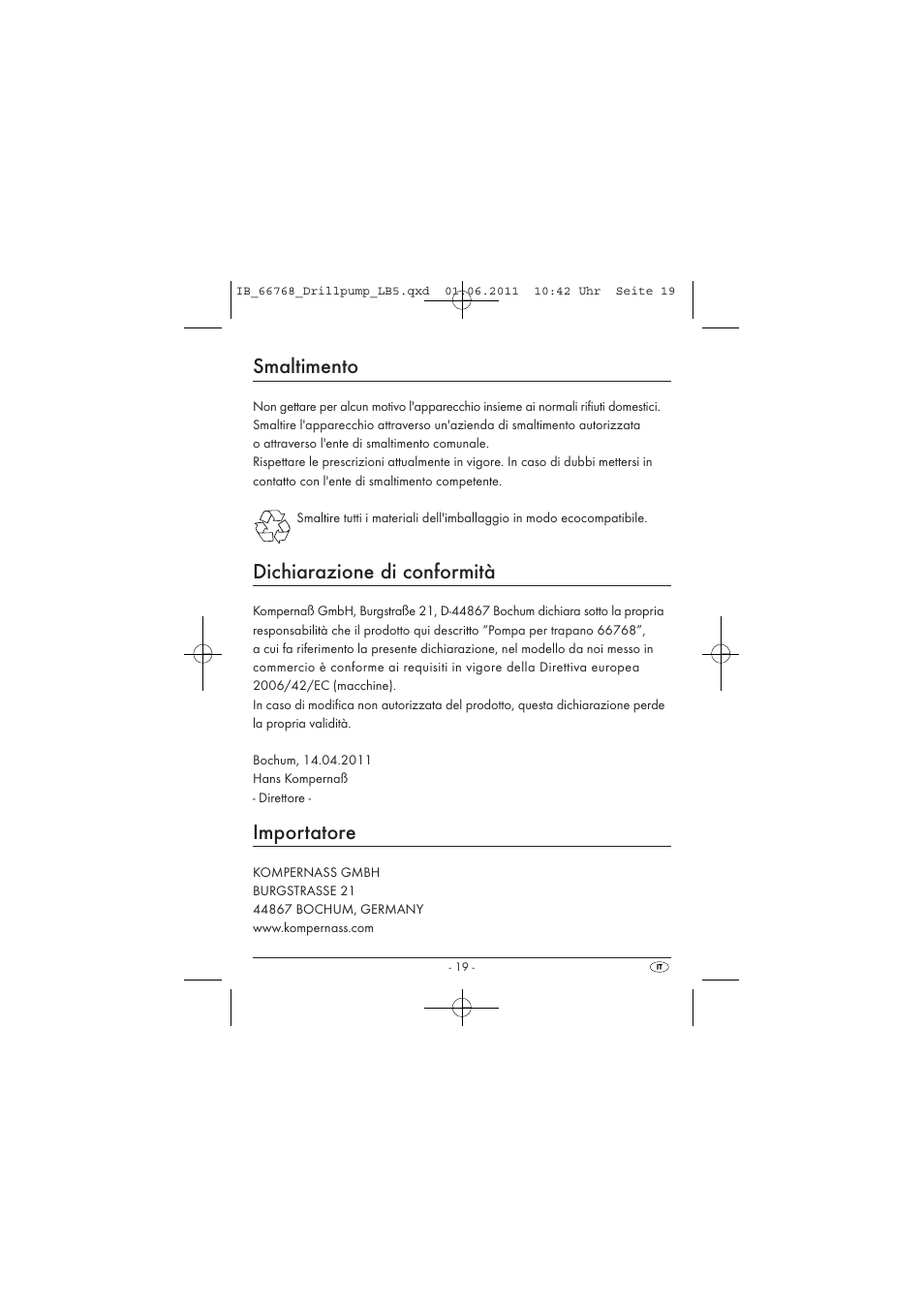 Smaltimento, Dichiarazione di conformità, Importatore | Powerfix DRILL PUMP User Manual | Page 21 / 52