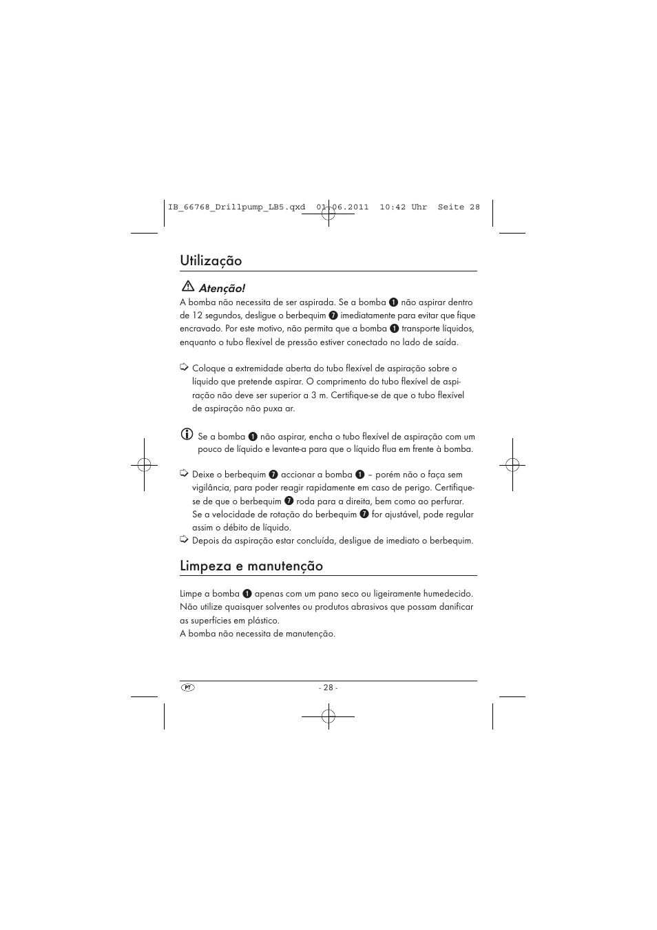 Utilização, Limpeza e manutenção | Powerfix DRILL PUMP User Manual | Page 30 / 52