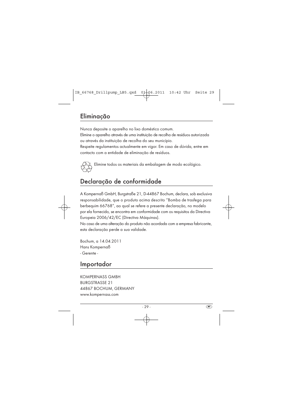 Eliminação, Declaração de conformidade, Importador | Powerfix DRILL PUMP User Manual | Page 31 / 52