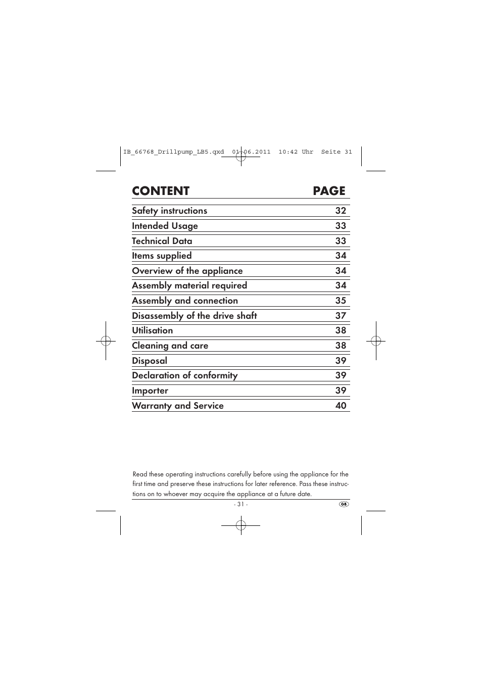 Content page | Powerfix DRILL PUMP User Manual | Page 33 / 52