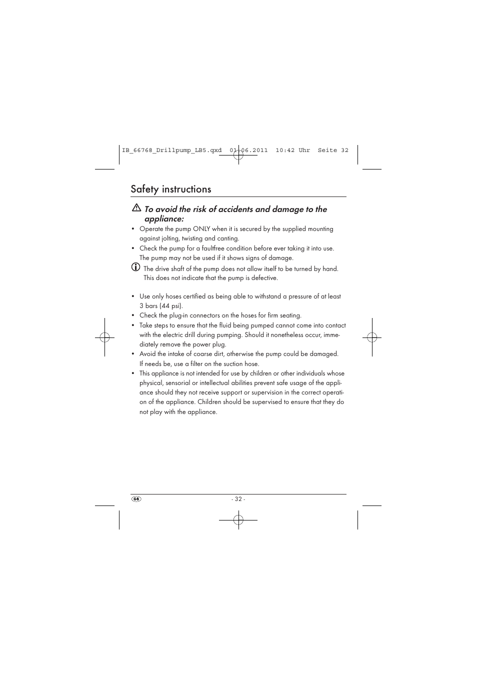 Safety instructions | Powerfix DRILL PUMP User Manual | Page 34 / 52
