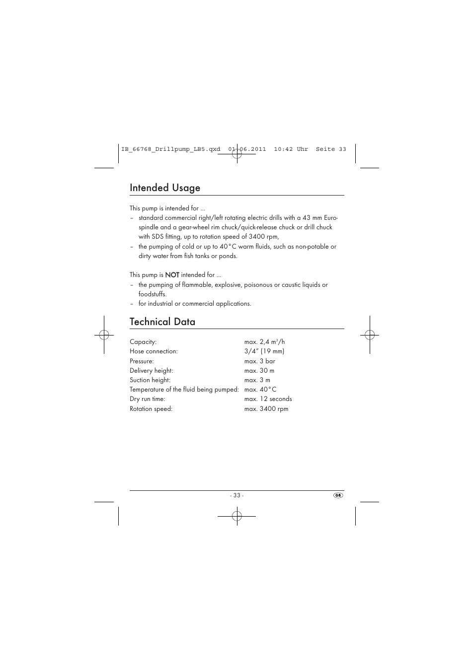 Intended usage, Technical data | Powerfix DRILL PUMP User Manual | Page 35 / 52