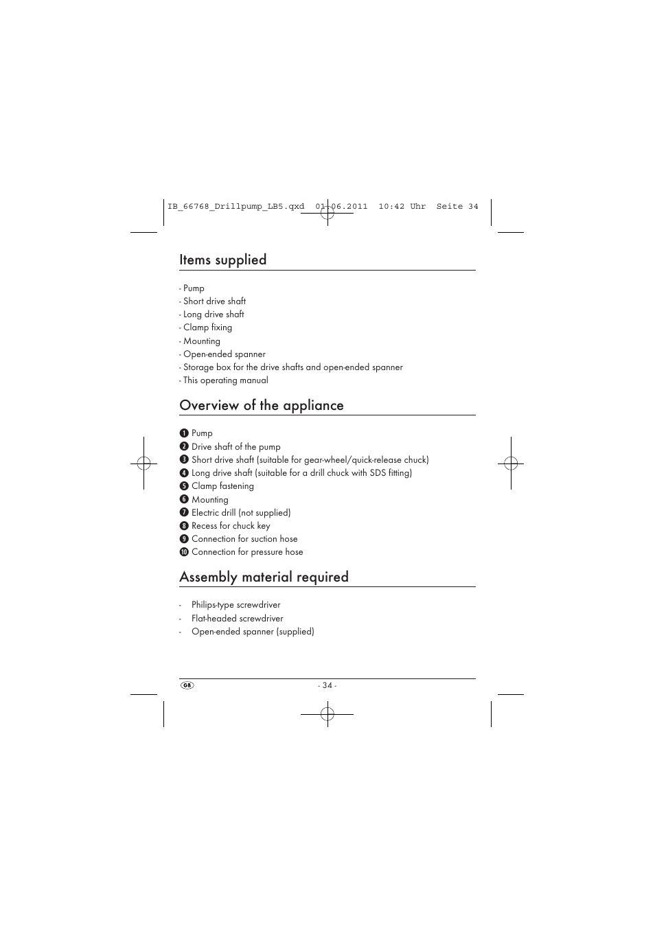 Items supplied, Overview of the appliance, Assembly material required | Powerfix DRILL PUMP User Manual | Page 36 / 52