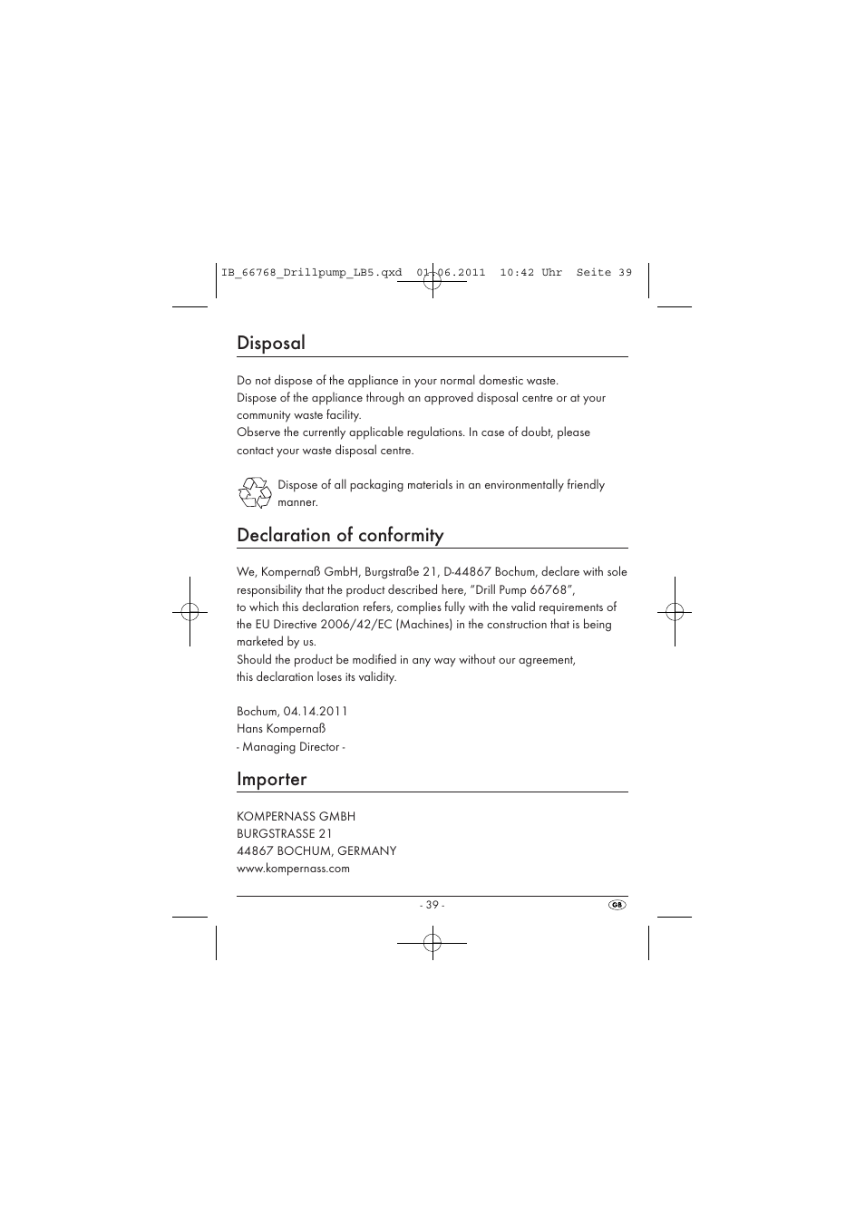 Disposal, Declaration of conformity, Importer | Powerfix DRILL PUMP User Manual | Page 41 / 52