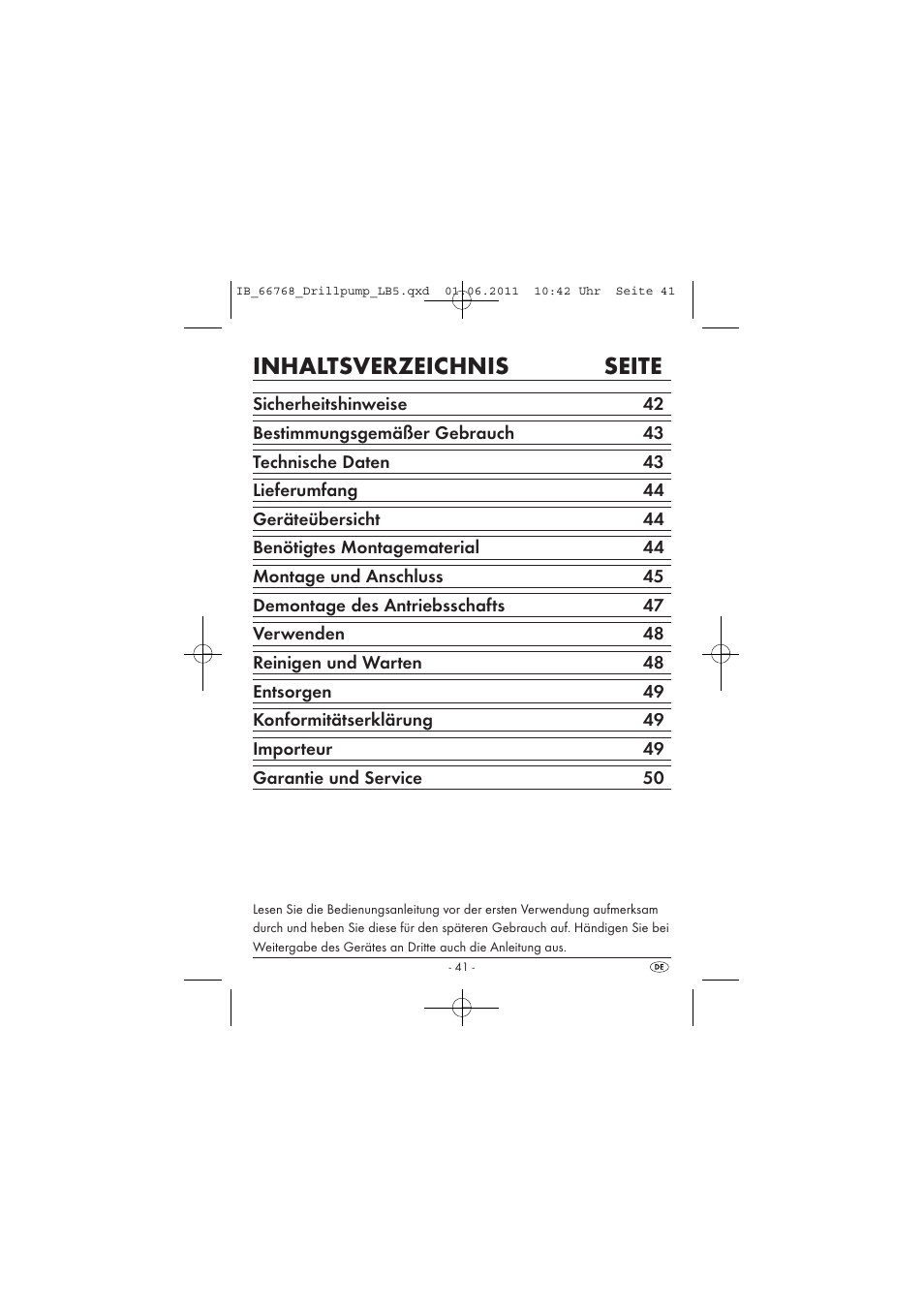 Inhaltsverzeichnis seite | Powerfix DRILL PUMP User Manual | Page 43 / 52