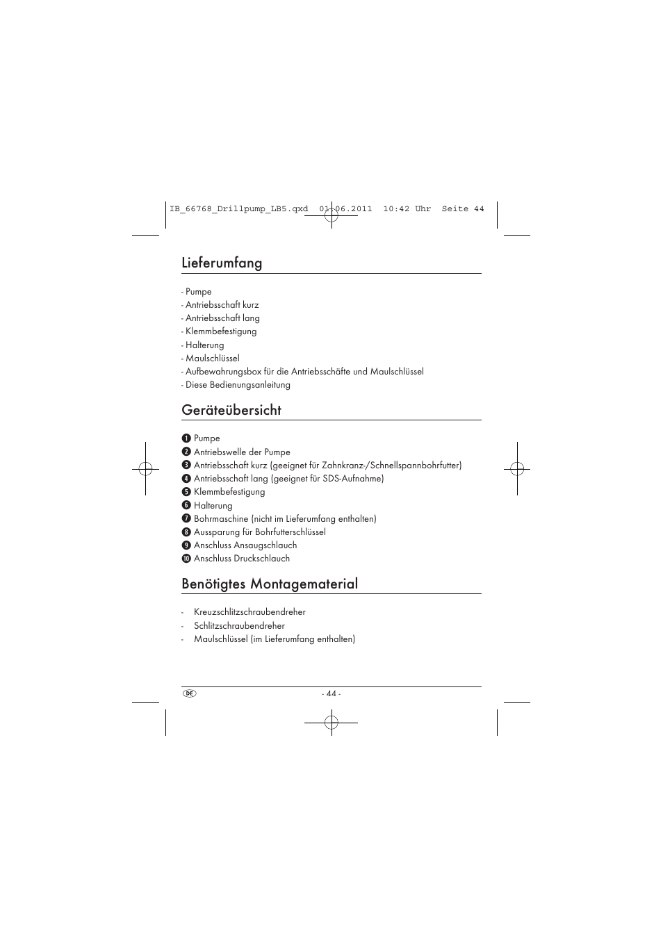Lieferumfang, Geräteübersicht, Benötigtes montagematerial | Powerfix DRILL PUMP User Manual | Page 46 / 52