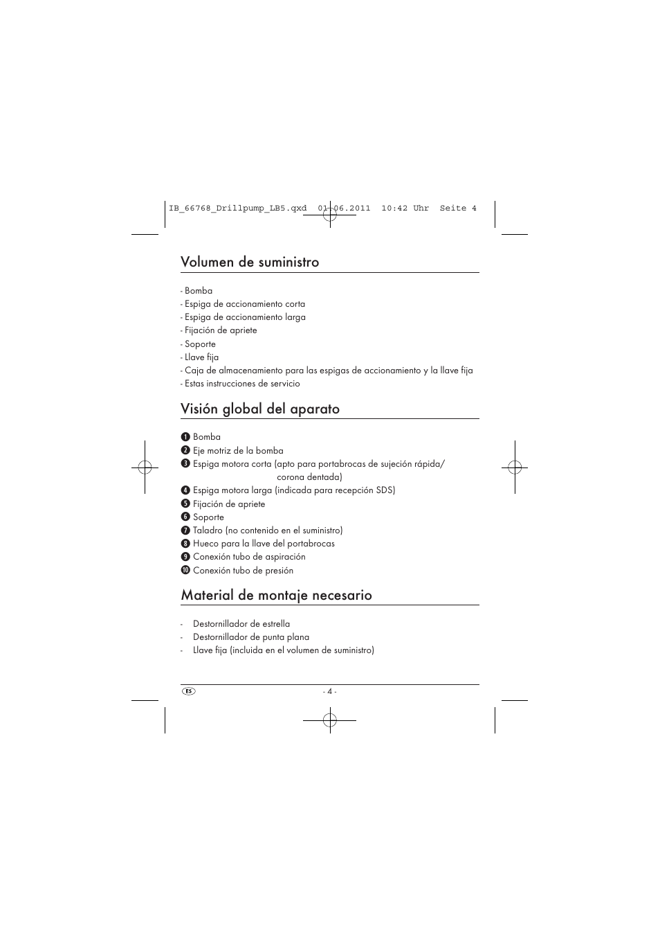 Volumen de suministro, Visión global del aparato, Material de montaje necesario | Powerfix DRILL PUMP User Manual | Page 6 / 52