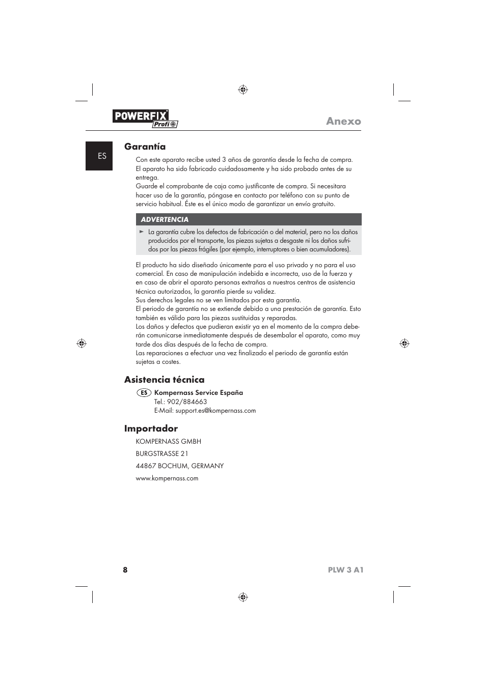 Anexo, Garantía, Asistencia técnica | Importador | Powerfix PLW 3 A1 User Manual | Page 10 / 42