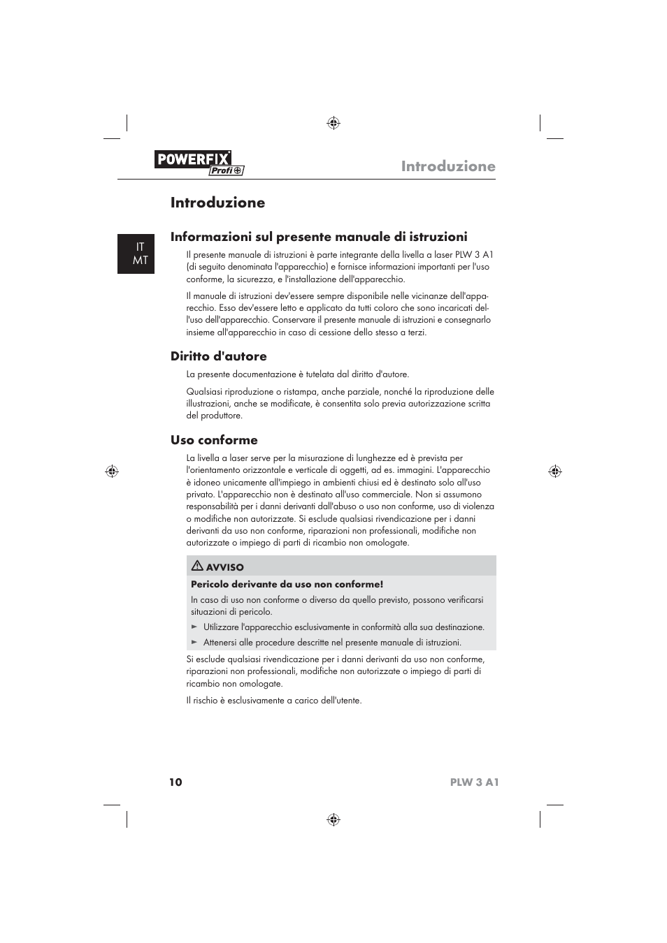 Introduzione, Informazioni sul presente manuale di istruzioni, Diritto d'autore | Uso conforme, It mt | Powerfix PLW 3 A1 User Manual | Page 12 / 42