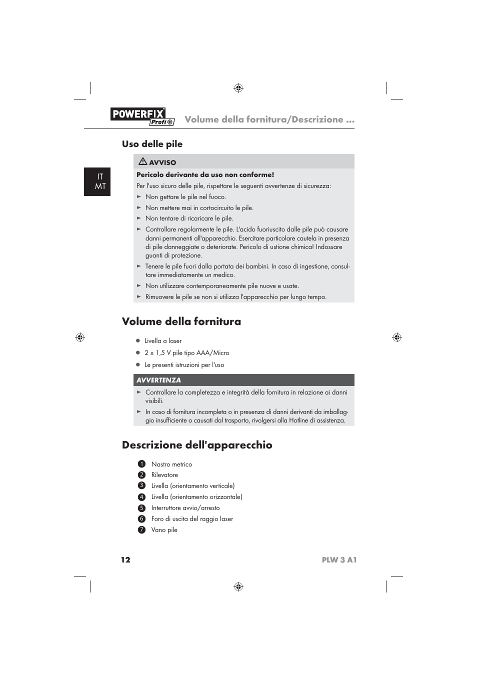 Volume della fornitura, Descrizione dell'apparecchio, Volume della fornitura/descrizione | Uso delle pile, It mt | Powerfix PLW 3 A1 User Manual | Page 14 / 42