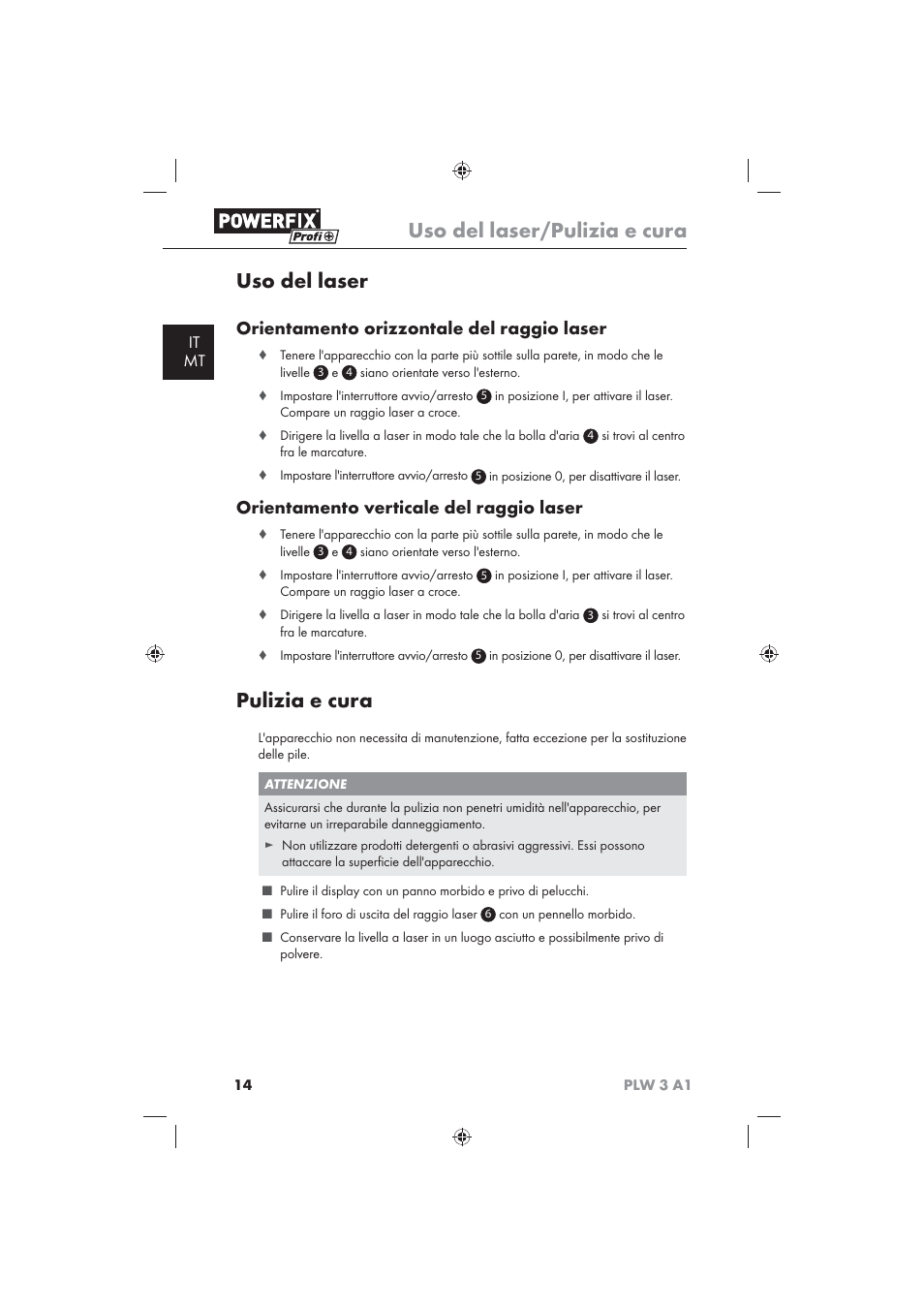 Uso del laser/pulizia e cura, Uso del laser, Pulizia e cura | Orientamento orizzontale del raggio laser, Orientamento verticale del raggio laser, It mt | Powerfix PLW 3 A1 User Manual | Page 16 / 42