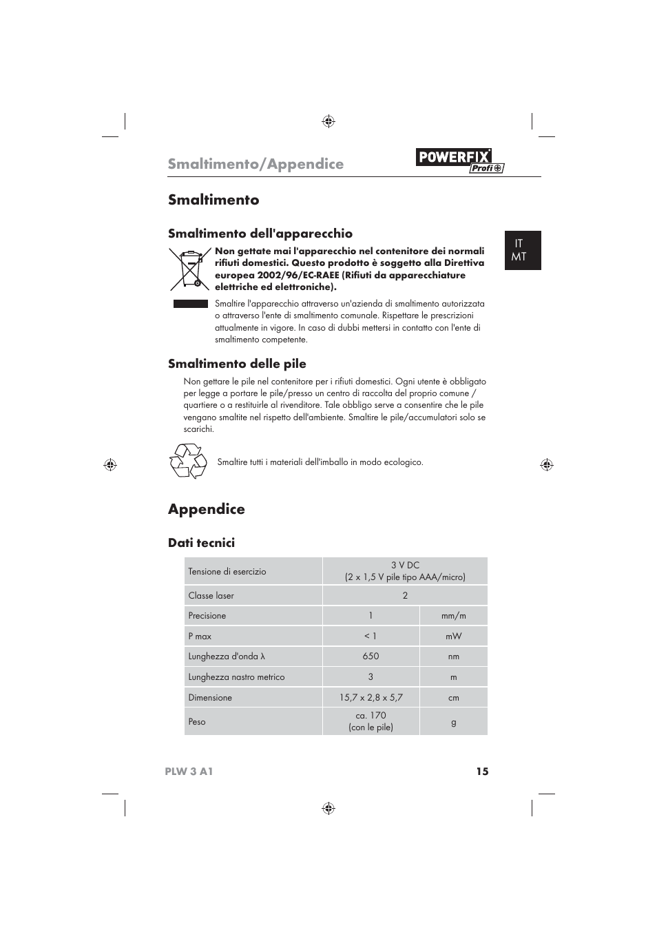 Smaltimento/appendice, Smaltimento, Appendice | Smaltimento dell'apparecchio, Smaltimento delle pile, Dati tecnici, It mt | Powerfix PLW 3 A1 User Manual | Page 17 / 42