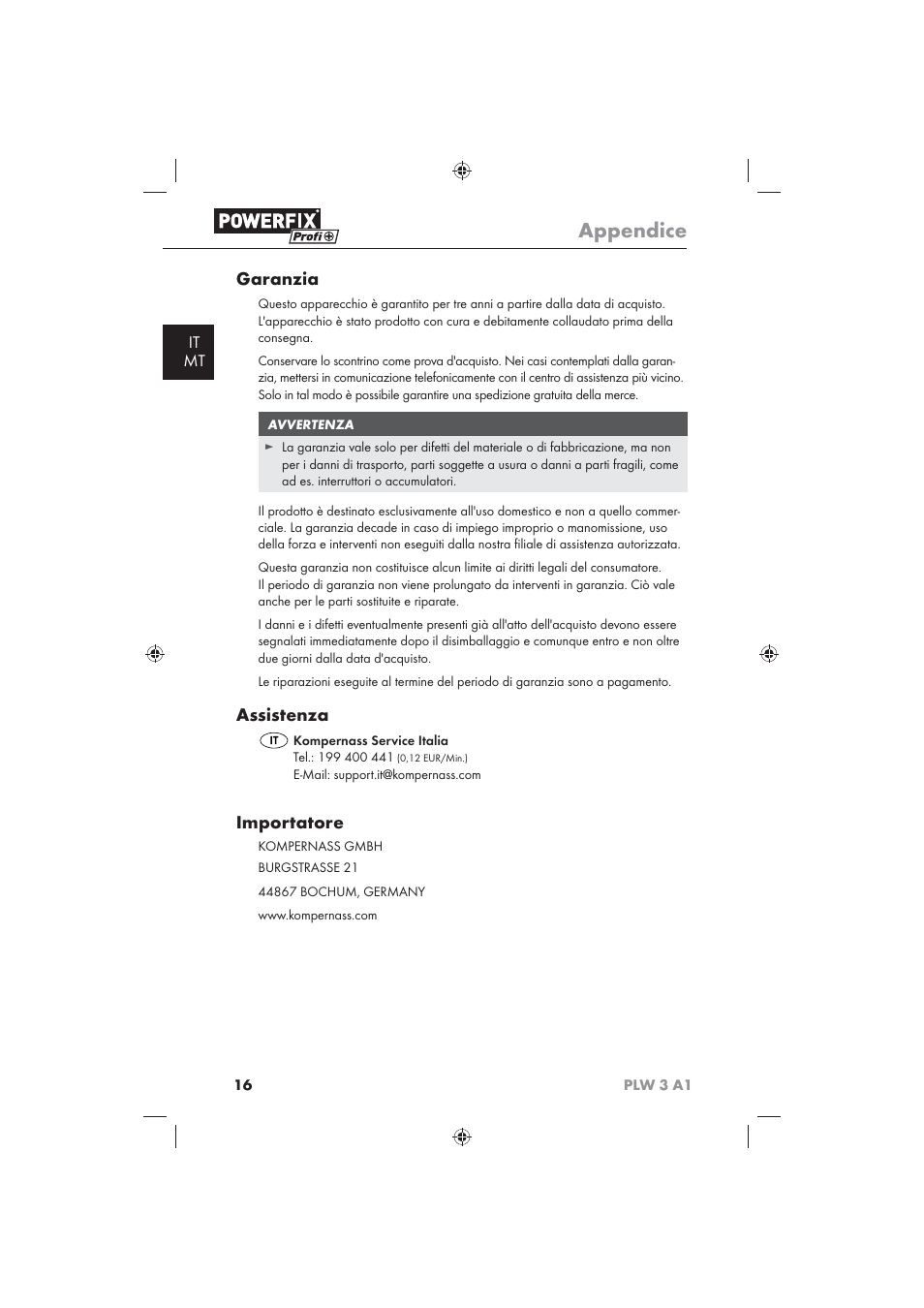 Appendice, Garanzia, Assistenza | Importatore, It mt | Powerfix PLW 3 A1 User Manual | Page 18 / 42