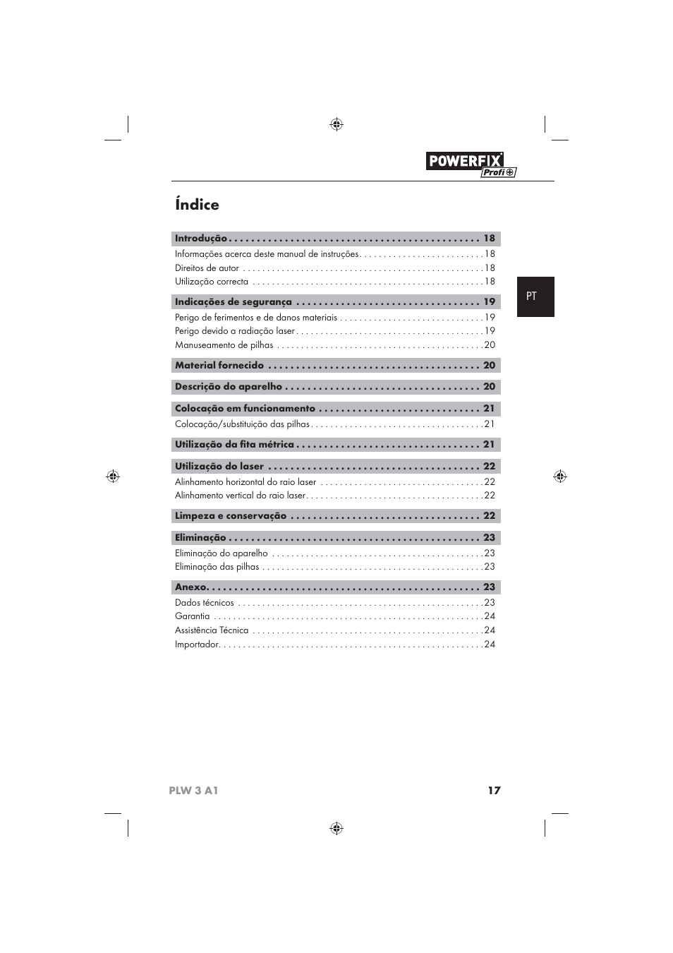 Índice | Powerfix PLW 3 A1 User Manual | Page 19 / 42