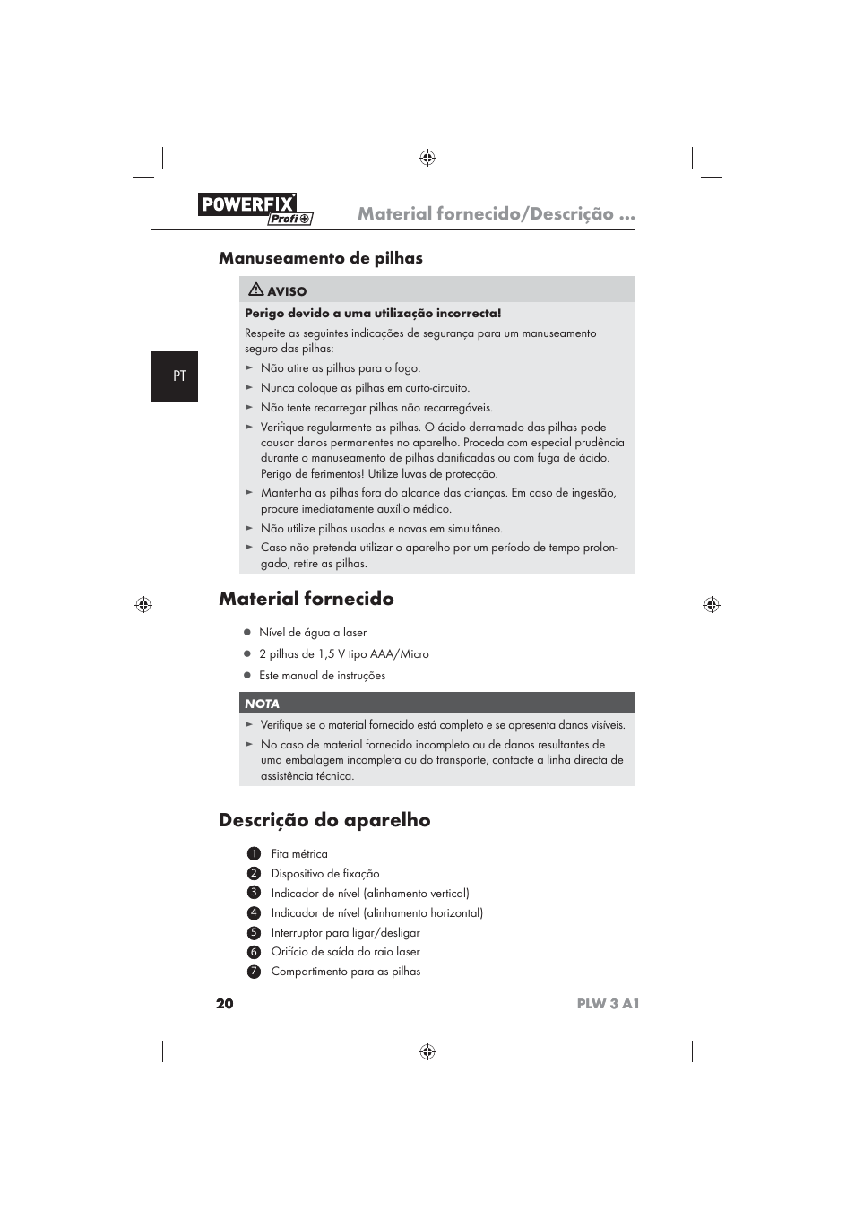 Material fornecido, Descrição do aparelho, Material fornecido/descrição | Manuseamento de pilhas | Powerfix PLW 3 A1 User Manual | Page 22 / 42