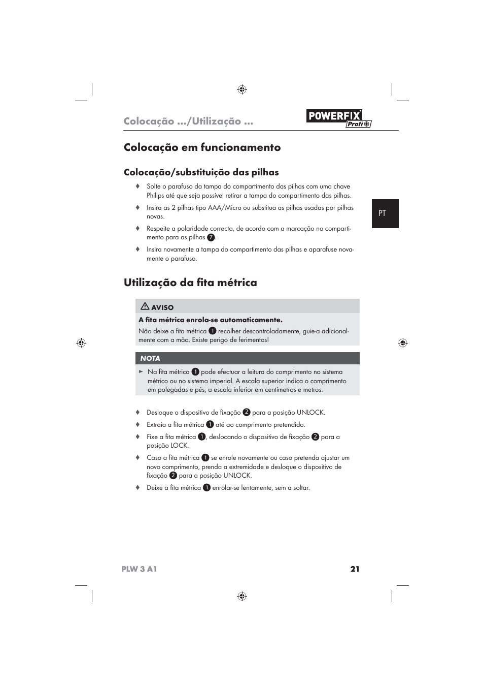 Colocação em funcionamento, Utilização da ﬁ ta métrica, Colocação .../utilização | Colocação/substituição das pilhas | Powerfix PLW 3 A1 User Manual | Page 23 / 42