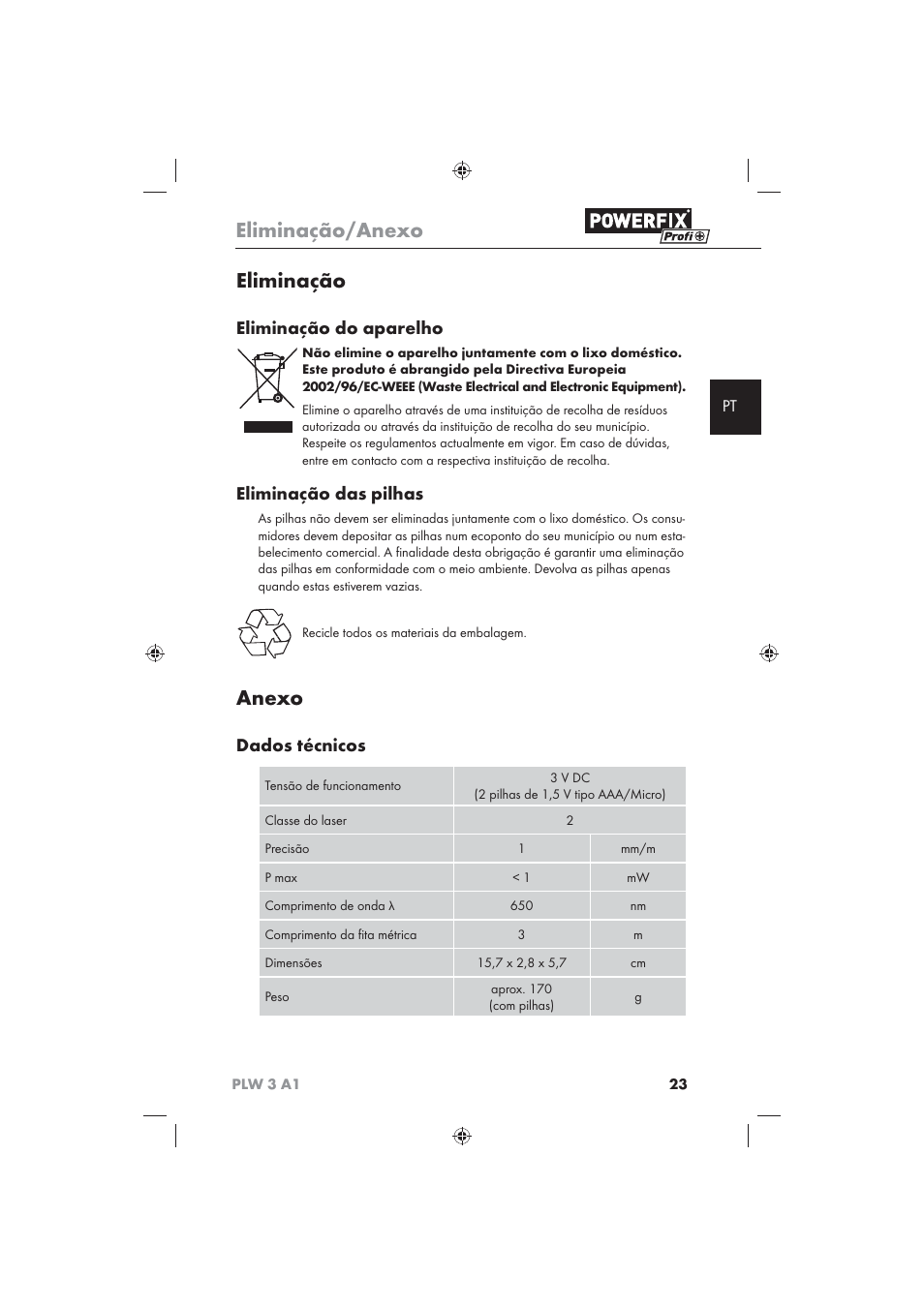 Eliminação/anexo, Eliminação, Anexo | Eliminação do aparelho, Eliminação das pilhas, Dados técnicos | Powerfix PLW 3 A1 User Manual | Page 25 / 42
