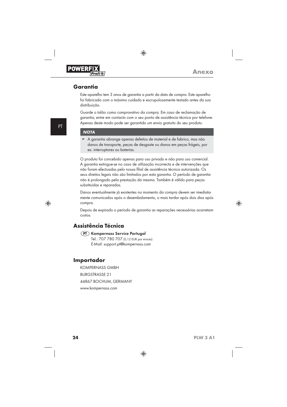 Anexo, Garantia, Assistência técnica | Importador | Powerfix PLW 3 A1 User Manual | Page 26 / 42