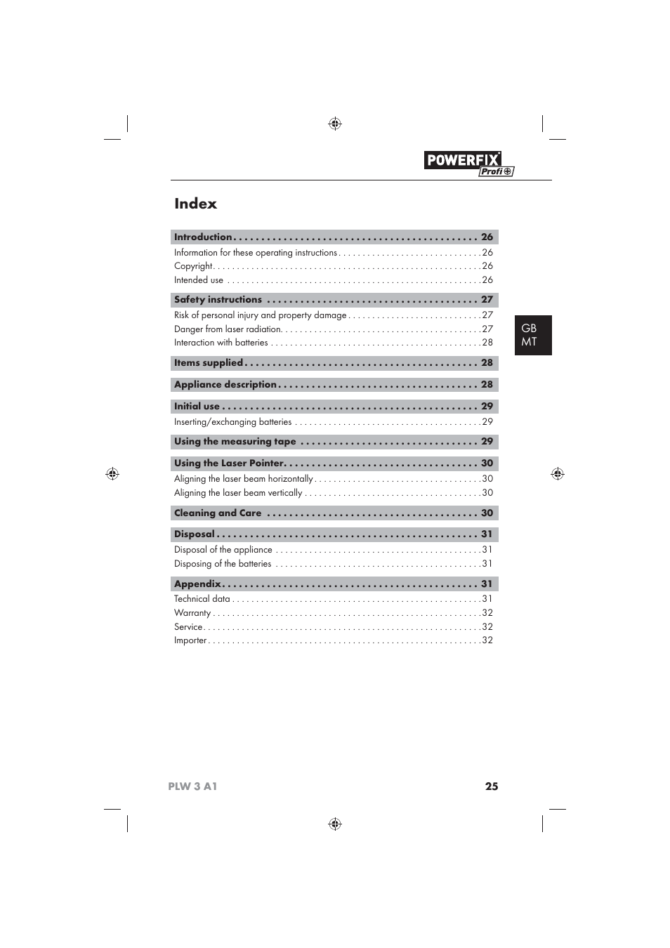 Index, Gb mt | Powerfix PLW 3 A1 User Manual | Page 27 / 42