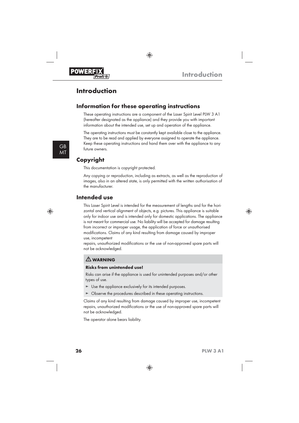 Introduction, Information for these operating instructions, Copyright | Intended use, Gb mt | Powerfix PLW 3 A1 User Manual | Page 28 / 42