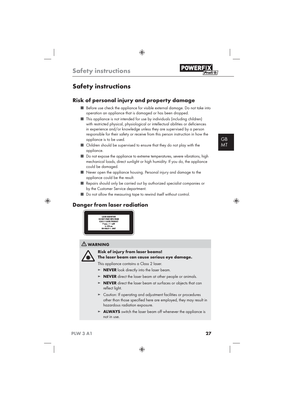 Safety instructions, Risk of personal injury and property damage, Danger from laser radiation | Gb mt | Powerfix PLW 3 A1 User Manual | Page 29 / 42