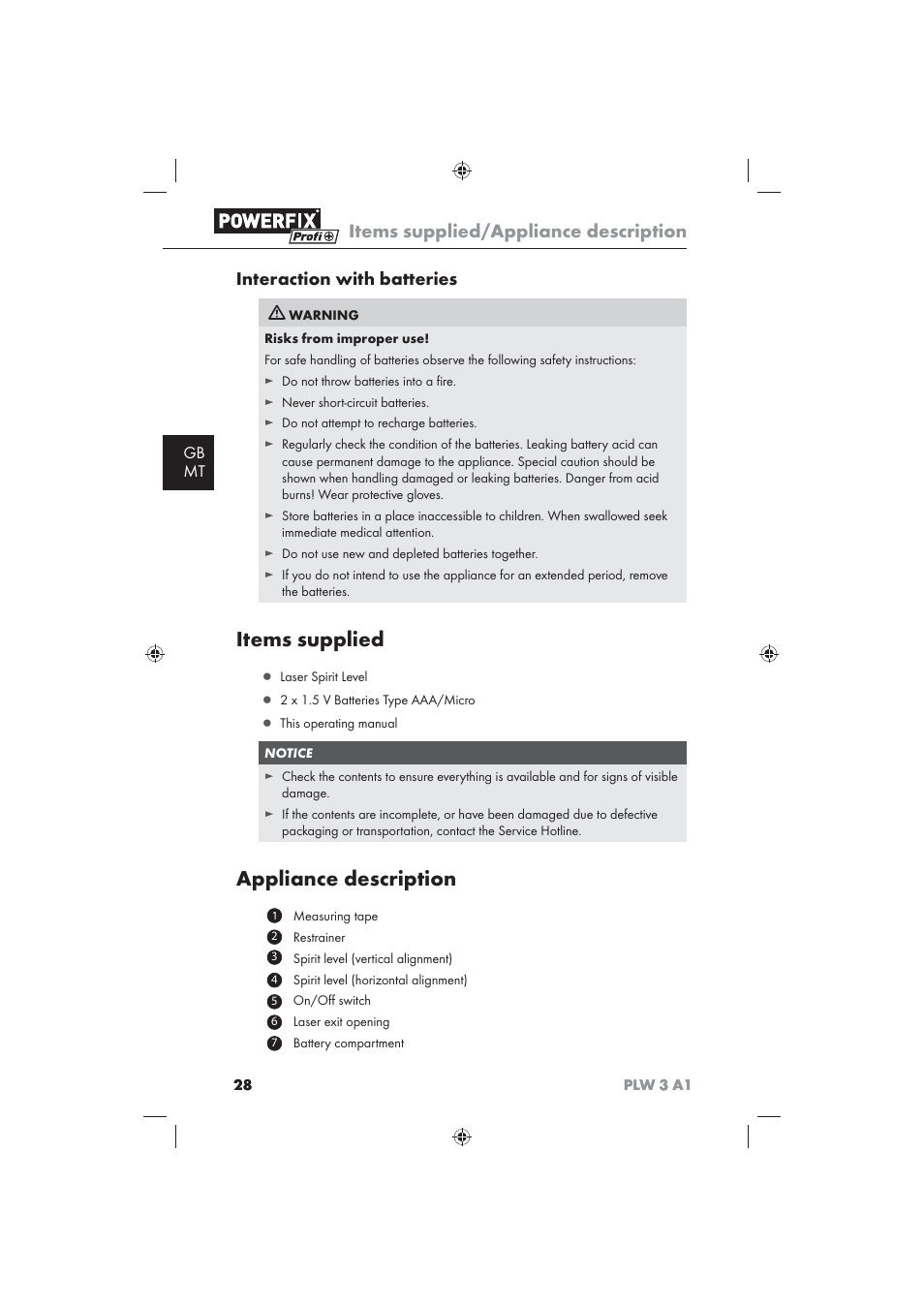 Items supplied, Appliance description, Items supplied/appliance description | Interaction with batteries, Gb mt | Powerfix PLW 3 A1 User Manual | Page 30 / 42