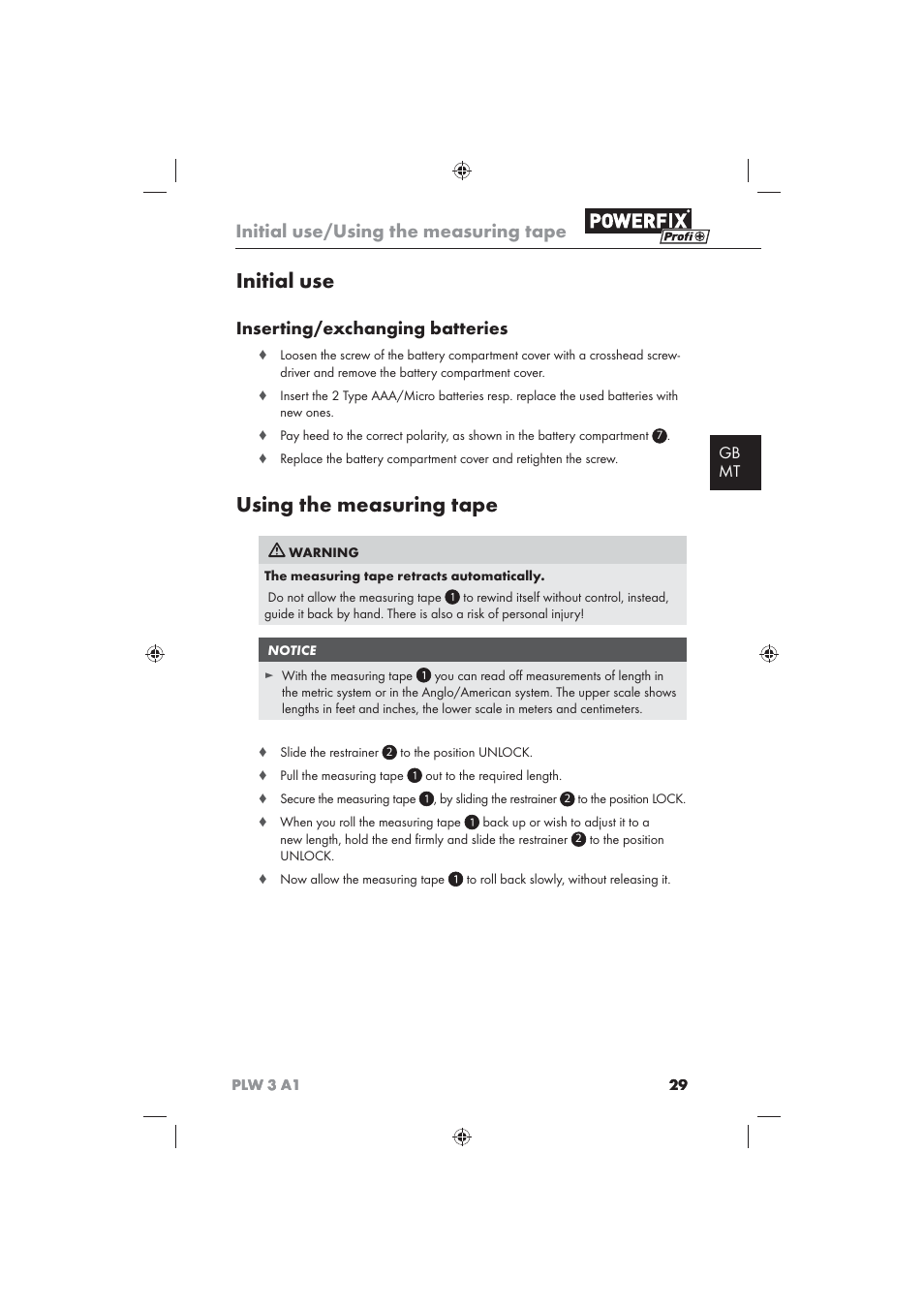 Initial use, Using the measuring tape, Initial use/using the measuring tape | Inserting/exchanging batteries, Gb mt | Powerfix PLW 3 A1 User Manual | Page 31 / 42