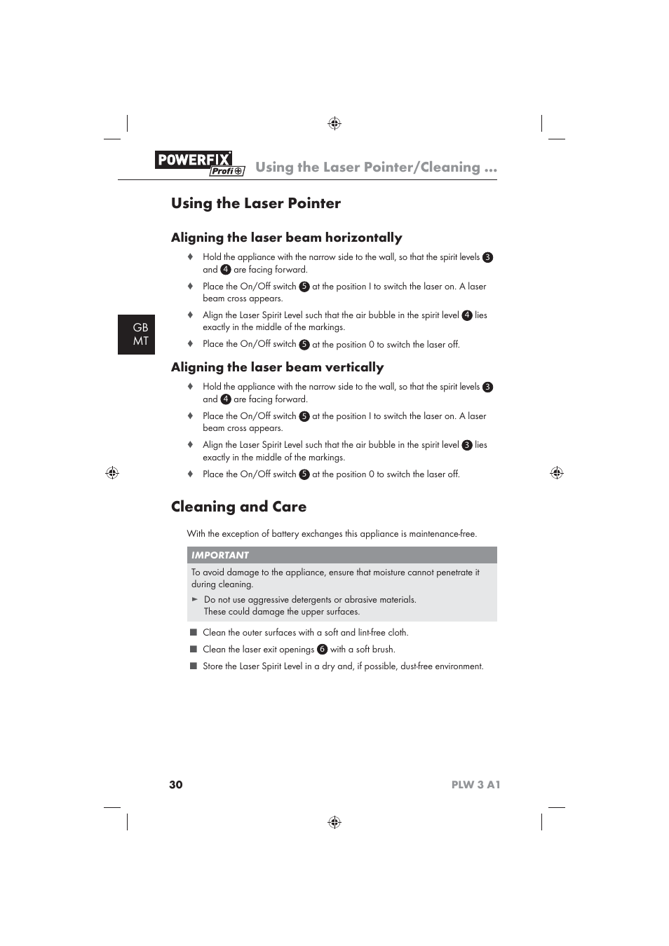 Using the laser pointer, Cleaning and care, Using the laser pointer/cleaning | Aligning the laser beam horizontally, Aligning the laser beam vertically, Gb mt | Powerfix PLW 3 A1 User Manual | Page 32 / 42