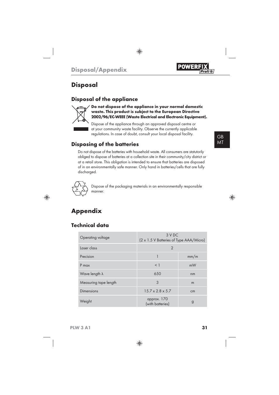 Disposal, Appendix, Disposal/appendix | Disposal of the appliance, Disposing of the batteries, Technical data, Gb mt | Powerfix PLW 3 A1 User Manual | Page 33 / 42