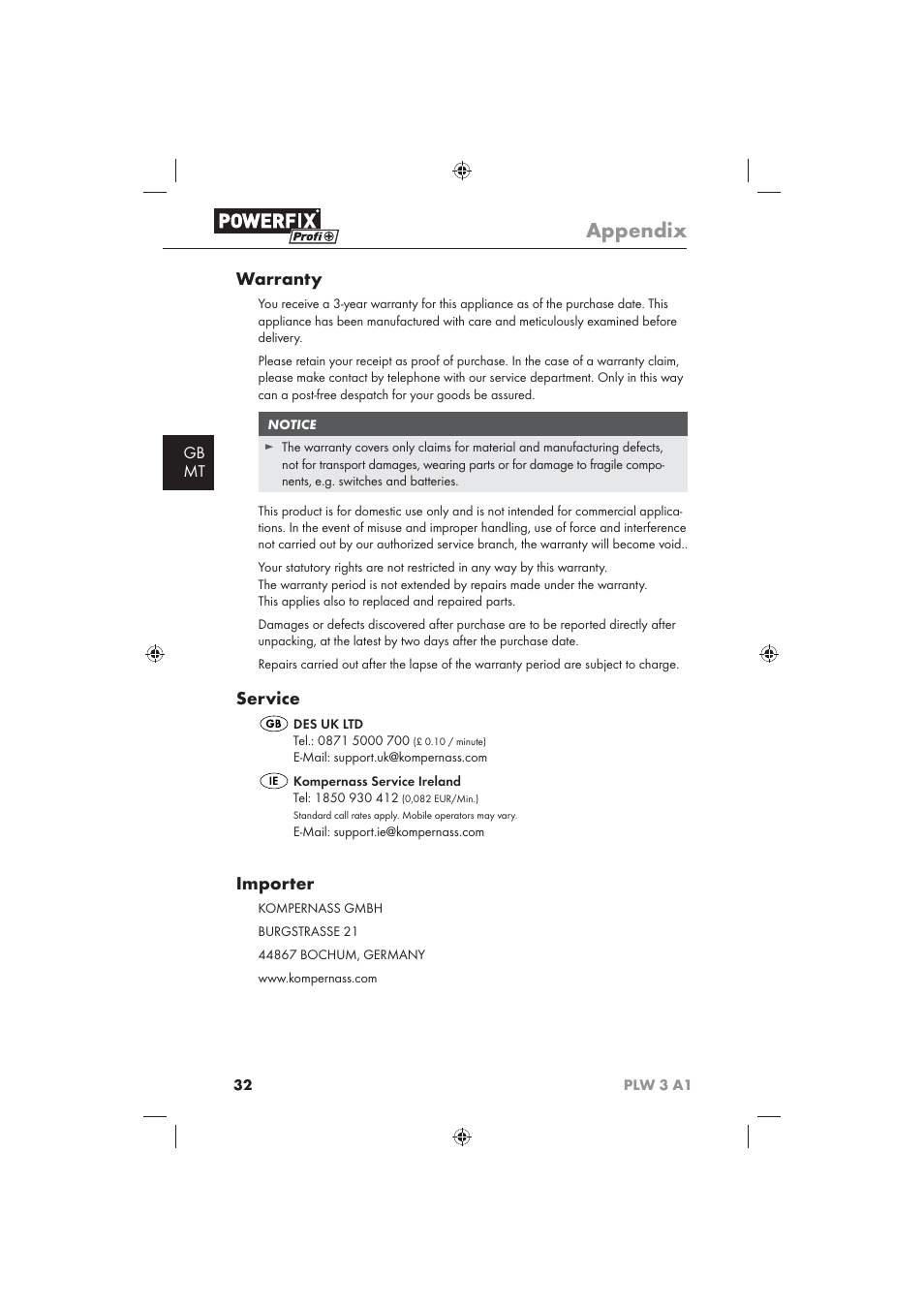 Appendix, Warranty, Service | Importer, Gb mt | Powerfix PLW 3 A1 User Manual | Page 34 / 42