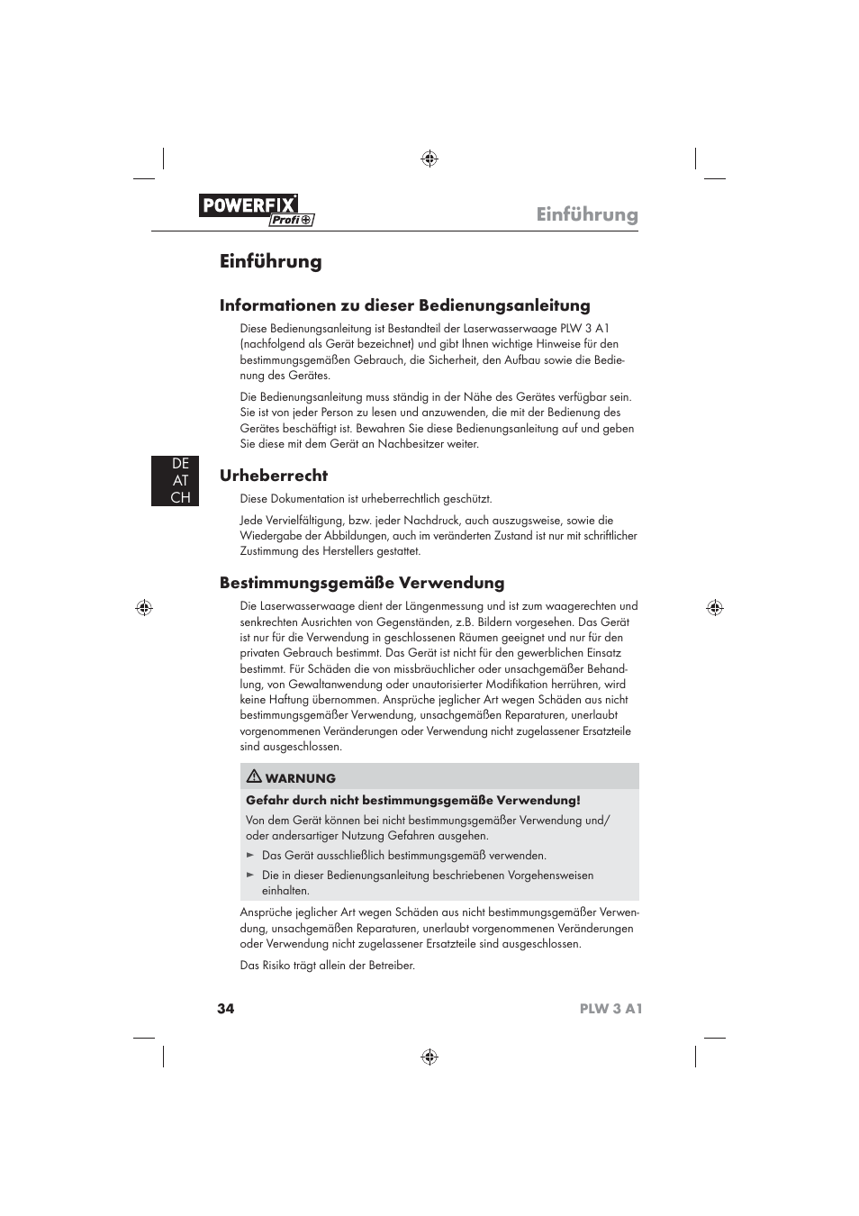 Einführung, Informationen zu dieser bedienungsanleitung, Urheberrecht | Bestimmungsgemäße verwendung, De at ch | Powerfix PLW 3 A1 User Manual | Page 36 / 42