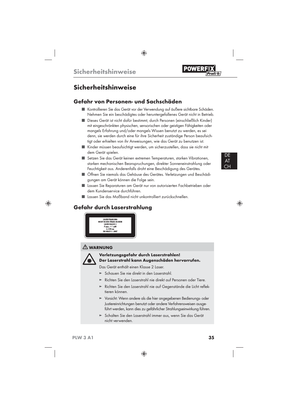 Sicherheitshinweise, Gefahr von personen- und sachschäden, Gefahr durch laserstrahlung | De at ch | Powerfix PLW 3 A1 User Manual | Page 37 / 42