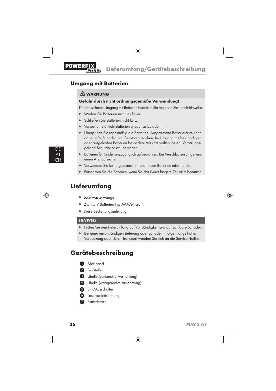 Lieferumfang, Gerätebeschreibung, Lieferumfang/gerätebeschreibung | Umgang mit batterien, De at ch | Powerfix PLW 3 A1 User Manual | Page 38 / 42