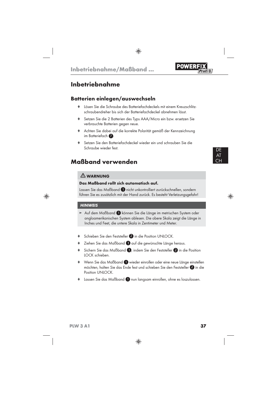 Inbetriebnahme, Maßband verwenden, Inbetriebnahme/maßband | Batterien einlegen/auswechseln, De at ch | Powerfix PLW 3 A1 User Manual | Page 39 / 42