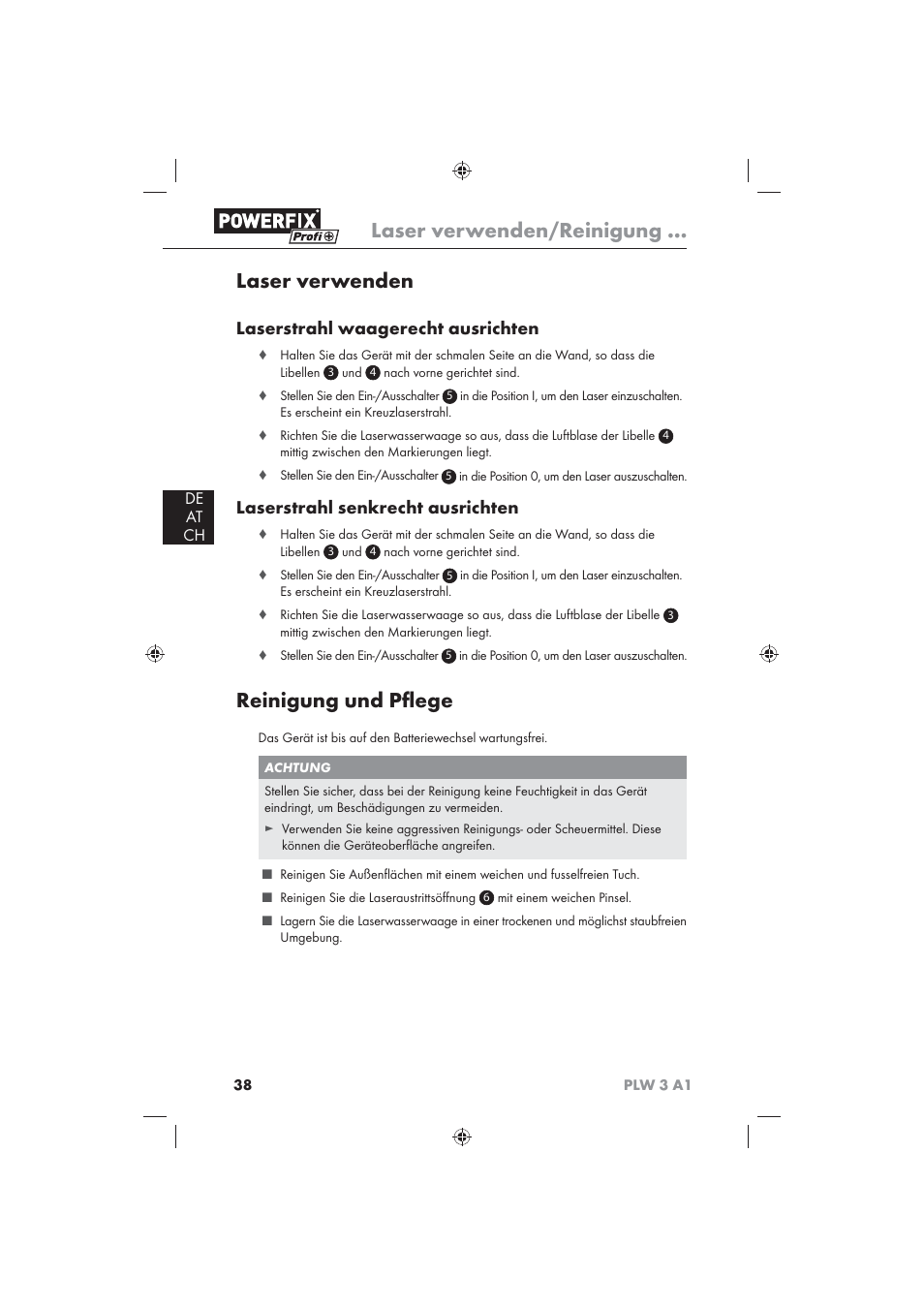 Laser verwenden/reinigung, Laser verwenden, Reinigung und pﬂ ege | Laserstrahl waagerecht ausrichten, Laserstrahl senkrecht ausrichten, De at ch | Powerfix PLW 3 A1 User Manual | Page 40 / 42