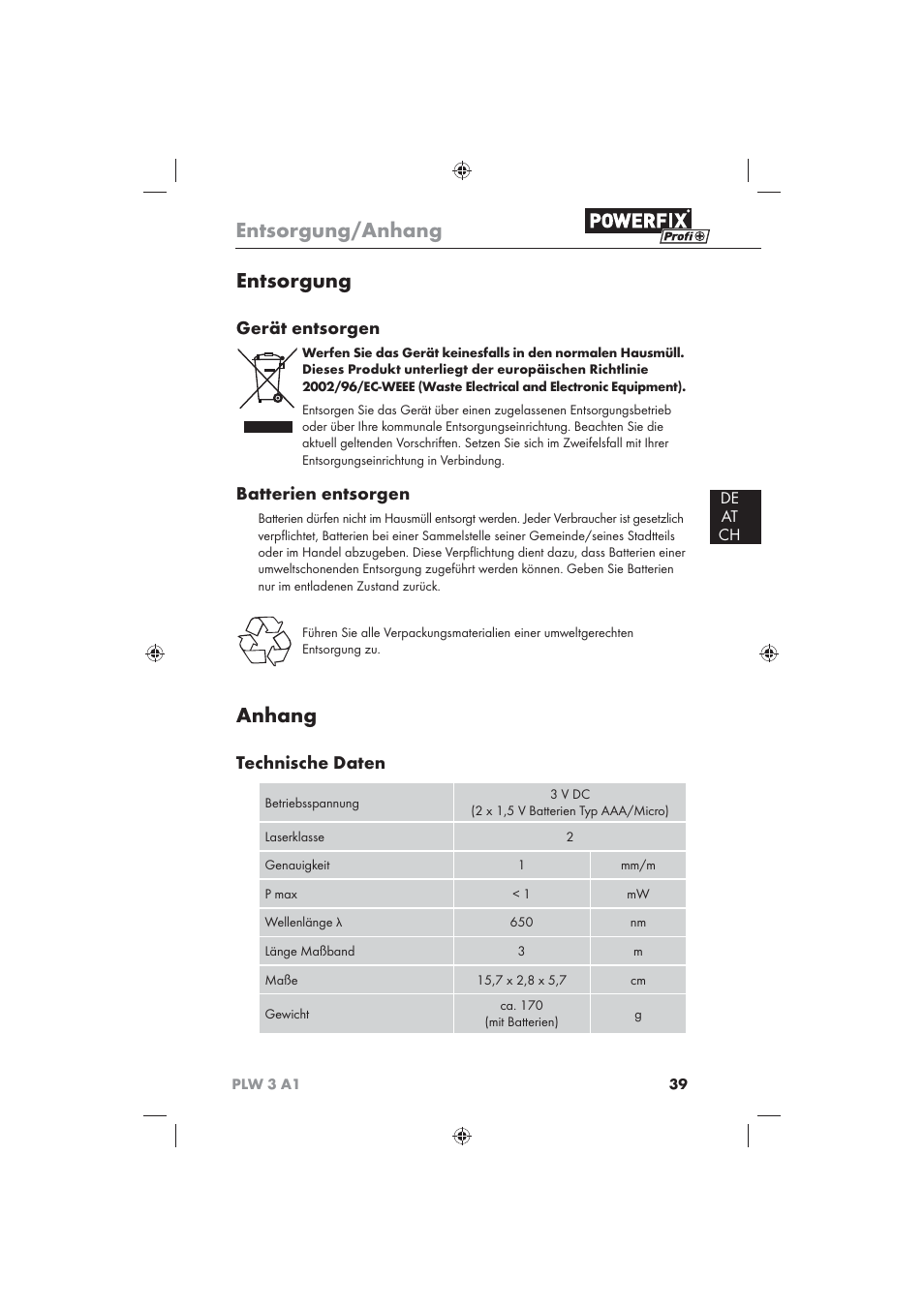 Entsorgung/anhang, Entsorgung, Anhang | Gerät entsorgen, Batterien entsorgen, Technische daten, De at ch | Powerfix PLW 3 A1 User Manual | Page 41 / 42