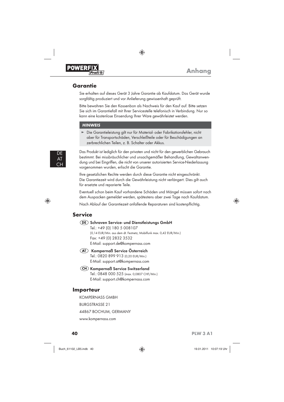 Anhang, Garantie, Service | Importeur, De at ch | Powerfix PLW 3 A1 User Manual | Page 42 / 42