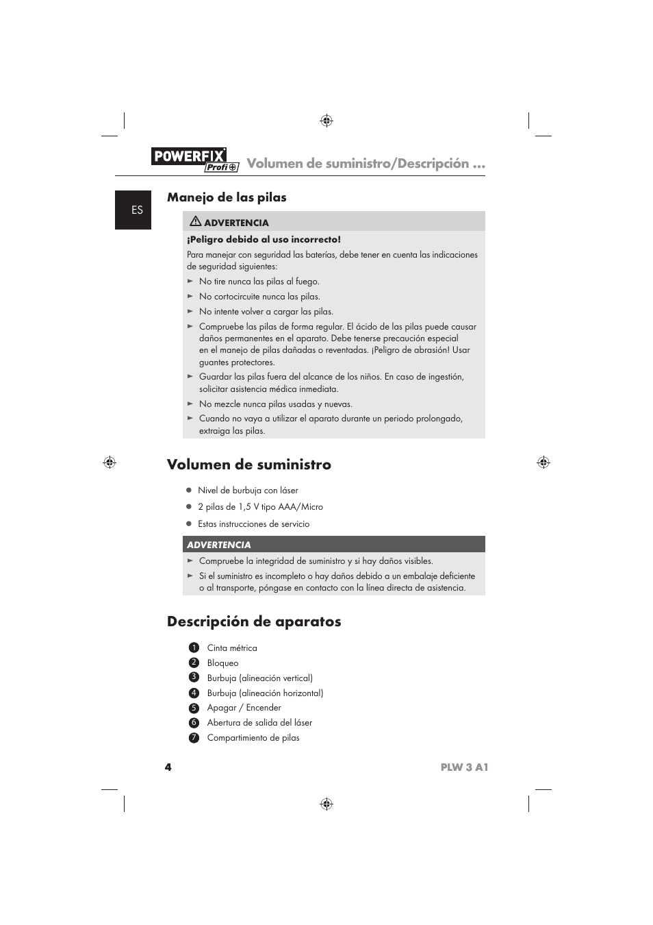 Volumen de suministro, Descripción de aparatos, Volumen de suministro/descripción | Manejo de las pilas | Powerfix PLW 3 A1 User Manual | Page 6 / 42